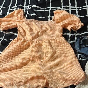 SHEIN Orange Gingham Off-Shoulder Romper
